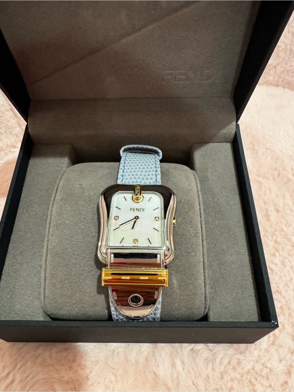 Fendi Silver and Gold Square Dial Watch with Light Blue Strap